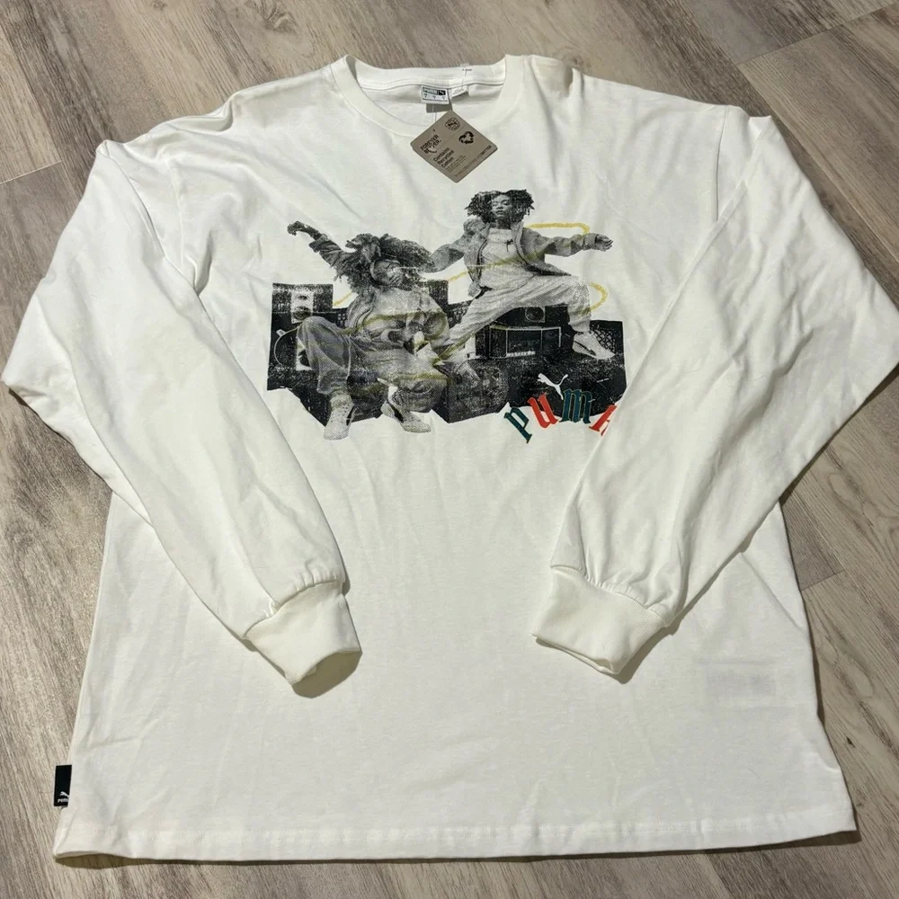 Puma Long Sleeve Classics Play Paris White Shirt Recycled Cotton Small NWT - Picture 1 of 5